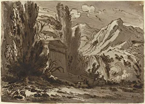 Antique Italian Art Drucke: Mountainous Landscape with Classical Temple. Creator: Felice Giani