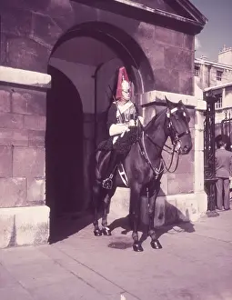 Drucke von Ein Reiter der Household Cavalry steht Wachtdienst vor dem Horse Guards Parade in Whitehall, London, um 1955 Whitehall Drucke: Household-Kavallerie-Garde auf Pferd