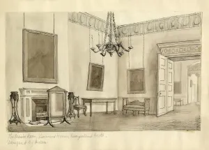 Monochrome Gemälde Drucke: Das Musikzimmer, Kenwood House, Hampstead Heath, um 1950. Ersteller: Shirley Markham