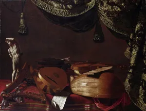 Italian Still Life Art Drucke: Musical instruments and statuette, c. 1660. Creator: Baschenis, Evaristo (1617-1677)