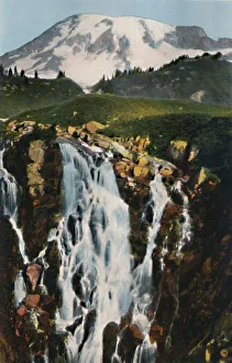 Tourist Attractions In USA Drucke: Myrtle Falls and Mount Rainier, c1916. Artist: Asahel Curtis