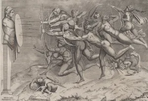 Drucke von Bare Bogenschützer schießen auf einen Ziel mit einem Herm befestigt; Kupid schlafen unter demselben; möglicherweise ein Allegorie zu Sünde um 1540 - 60 Michelangelo Buonarroti Drucke: Bare Bogenschützen schießen auf ein Ziel befestigt an einem Herm; unter ihm schläft Kupid