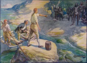 Rowing Boat Transportation Drucke: Natives Gathered Round Them, c1908, (c1920). Artist: Joseph Ratcliffe Skelton