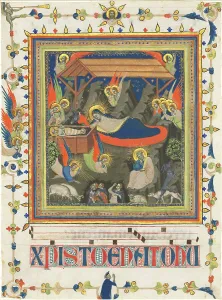 Die Geburt Jesu mit der Himmelsbotschaft zu den Hirten um ca. 1340 von Meister der dominikanischen Figuren