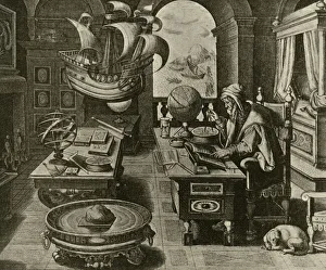 Bilder Datiert 2019 Januar: Ein Navigator am Werke in seinem Studierzimmer mit Globus und Kompass, um 1591, (1928)