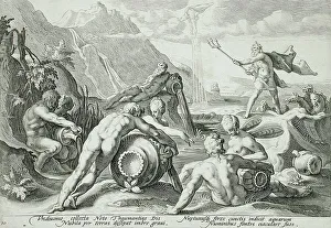Black And White Dutch Art Drucke: Neptune Plotting the Destruction of Man, published 1589. Creator: Hendrik Goltzius