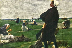 Drucke von Die Netzmacher, um 1928. Frauen flicken Netze. Nach Die Netzflickerinnen von Max Liebermann, gemalt 1887-1889. Aus Die Welt in Bildern, (Die Welt in Bildern), Zigarettenkartenalbum, um 1928 Max Liebermann Drucke: Die Netzmacher, um 1928. Ersteller: Unbekannt.