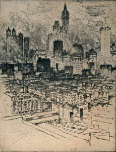 Brooklyn Bridge New York Drucke: New York From Brooklyn Bridge, c1908. Artist: Joseph Pennell