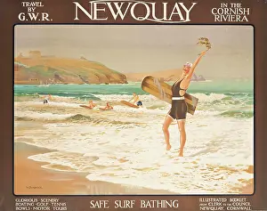 Great Western Railway Poster Drucke: Newquay. Safe Surf Bathing, c1930. Creator: Burbidge, William (1884-1949)