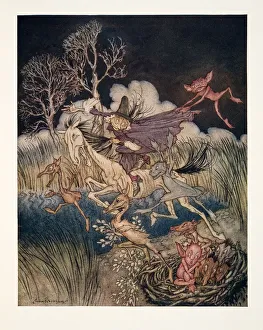 Drucke von Die Traumwelt mit ihrer ganzen Neunfalt ..., aus dem Märchen von der Schlafende Holle von Washington Irving (* 1783 – ** 1859 ), veröffentlicht *1928* (Farbdruck) I Drucke: Die Traumfrau mit ihrem ganzen Neunfachen ..., aus der Legende von Schlafes Höhle, 1928