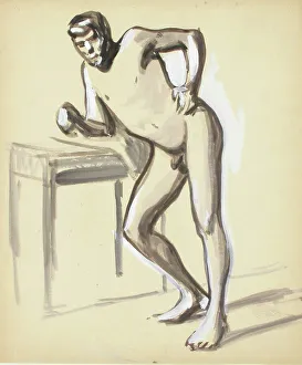 Black And White Nude Art Drucke: Nude leaning on a table, sketch, c1910s. Creator: Verner Thome