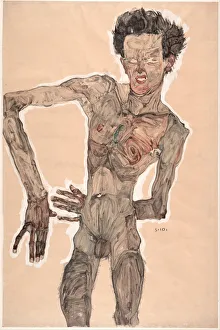 Drucke von Bodenscheinender Selbstporträt, Grimmigendes, 1910. Im Bestand der Albertina zu Wien gefunden Egon Schiele Drucke: Bodenscheinender Selbstporträt mit Gesichtsausdruck der Verzweiflung
