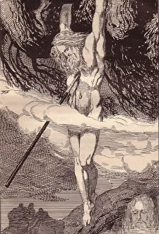 Nordische Mythologie Drucke: Odin hängt am Weltbaum. Illustrierung für Die Edda: germanische Götter und Helden