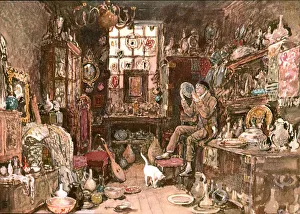 Drucke von Die alte Schatzkiste (ca 1900). Ein Raum mit Keramikgegenständen und Möbeln sowie anderen Zerstreuung. Nach einem Wassercolour von Birket Foster aus dem späten 19 Myles Birket Foster Drucke: Die alte Schatzkiste, (ca 1900). Ersteller: unbekannt