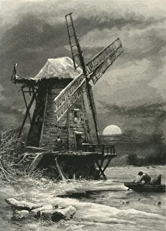 Victorian Era British Landscape Drucke: The Old Hampton Windmill, c1870