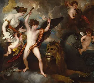 Alle Mächte besiegelt die Liebe oder Die Kraft der Liebe im Dreieck aus Feuer, Erde und Wasser; Künstler: Benjamin West