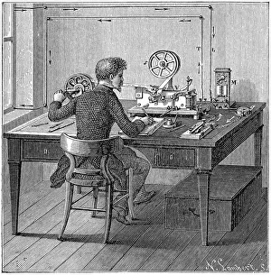 American Innovation History Drucke: Operator receiving a message in Morse code on an electric printing telegraph, 1887