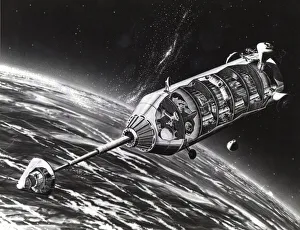 Black And White Space Art Drucke: Orbit and Launch Facility Concept. Creator: NASA