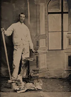 Black And White Photographer Drucke: [Painter, Standing in Front of a Painted Window Backdrop, with Brushes, Bucket, and P