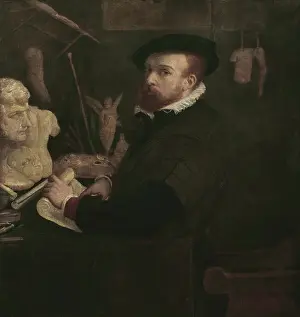 Lorenzo Lotto Paintings Drucke: The painter in his studio (Self-portrait), 1529. Creator: Lotto, Lorenzo (1480-1556)