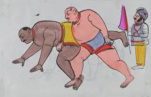 Watercolour Pencil Drawings Drucke: A pair a wrestlers with referee. Creator: Unknown