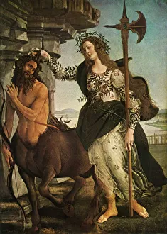 Drucke von Pallas und der Zentaur, um 1480-1485, (1937). Mythologische Szene, die Göttin Pallas Athene hält einen Zentaur am Haar. Gemälde in der Uffizi-Galerie, Florenz Sandro Botticelli Drucke: Pallas und der Zentaur, um 1480-1485, (1937). Schöpfer: Sandro Botticelli.