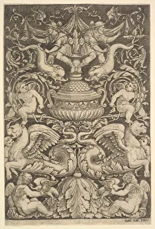 Black And White Heritage Images Drucke: A panel of ornament with a large jar in centre, putti and other figures, 1530-60