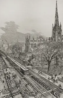 Drucke von Panoramablick auf die neue Hochbahn, Gilbert-System, aus New Church Street, New York, 1878. Aus La Ilustración Española y Americana , 1878 Rufus Drucke: Panoramablick auf die neue Hochbahn