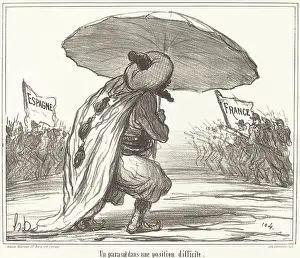 Black And White Caricature Drucke: Un parasol dans une position difficile, 1859. Creator: Honore Daumier