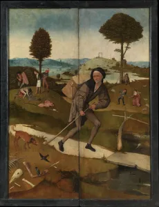 Drucke von Der Wagenhändler (Die Dreifaltigkeit des Heuscheuerns, Rückseite) im Bestand des Museo del Prado in Madrid Hieronymus Bosch Drucke: Der Wohlhabende Händler (Die Heuwagen Dreiteiligkeit)