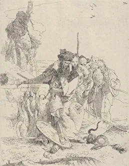 Sechs Menschen schauen auf eine Schlange aus dem Scherz, um ca. 1743-50