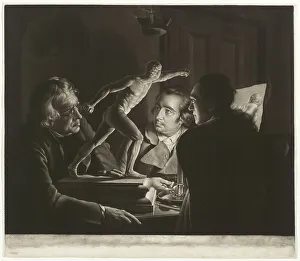 British Art Heritage Drucke: Three Persons Viewing the Gladiator by Candlelight, 1769. Creator: William Pether