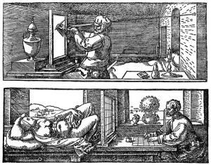 Black And White Woodcut Prints Drucke: Perspective machine, 1525, (1936). Artist: Albrecht Durer
