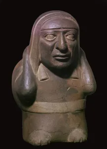 5th Century BC Artefact Drucke: Peruvian earthenware jar in the form of a squatting figure, 5th century BC
