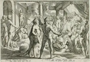 Black And White Dutch Art Drucke: Phaeton Asking for the Chariot, published 1590. Creator: Hendrik Goltzius