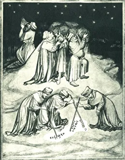 Drucke von Die Philosophen auf dem Gipfel des Berges Athos nehmen Beobachtungen der Sterne und schreiben Worte in den Staub, 15. Jahrhundert, (1943) Berg Athos Drucke: Die Philosophen auf dem Gipfel des Berges Athos