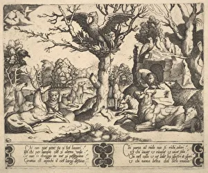 Mythische Biester Drucke: Ein Phönix saß auf einem Baum, Flügel geöffnet