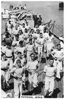 Black And White Naval Warfare Drucke: Physical jerks; exercise on board HMS Devonshire, 1937