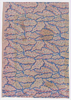 Rotes Blatt mit überwiegend blauem abstraktem Muster aus dem 19. Jahrhundert von unbekannter Hand