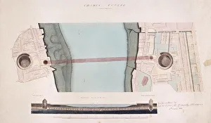 River Thames Geographical Feature Drucke: Plan and longitudinal section of the Thames Tunnel, London, 1842