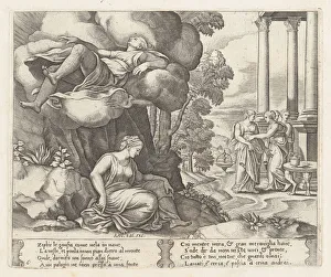 Platte 6: Zefir trägt Psychē in ein verzaubertes Schloss, aus der Geschichte von Kupfer und Psyche. Künstler: Meister des Wappens