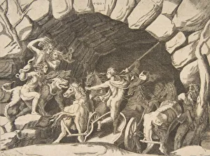Renaissance Mythology Drucke: Pluto riding a chariot descending into Hell, from the Division of the Universe, 1531-76