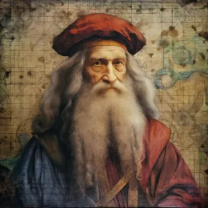 Drucke von AI-Bild - Porträt von Leonardo da Vinci 1500er Jahren (2023) Leonardo Da Vinci Drucke: Kunstform AI - Porträt von Leonardo v