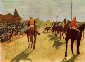 Drucke von Beim Rennen, c1866-1868, (1937). Die Parade oder Renner vor den Tribünen. Gemälde im Musée d'Orsay in Paris. Aus 'Die Impressionisten' von Wilhelm Uhde Edgar Degas Drucke: Beim Rennen, um 1866-1868, (1937). Künstler: Edgar Degas.