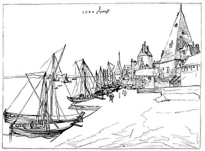 Monochromes Kunstwerk Drucke: Hafen von Antwerpen im Jahr 1520