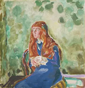 Drucke von Eine Frau mit tiefen Falten um die Augen und Mund, in einem dunklen Hintergrund. Ihre Hand liegt auf dem Tisch, ihre Finger sind ineinander geschlungen Edvard Munch Drucke: Portrait von Käte Perls, 1913