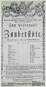 Drucke von Plakate für die Oper Die Zauberflote, (Die Zauberflote), 1791. Österreichischer Komponist Wolfgang Amadeus Mozart (1756-1791) letzte Oper, Libretto von Emanuel Schikaneder (1751-1812) Bilder Datiert 2006 Januar: Plakatt für die Oper Die Zauberflöte aus dem Jahr 1791