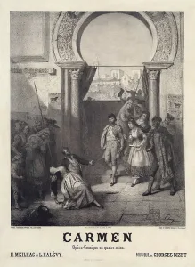Plakat zur Uraufführung der Oper Carmen von Georges Bizet aus dem Jahr 1875. Ersteller: Leray, Prudent-Louis (* 1820; † 1879)