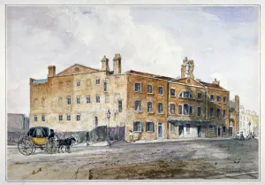 Historic London Street Scenes Drucke: Premises of George March, licensed rectifier, in Cobham Row, Holborn, London, c1830