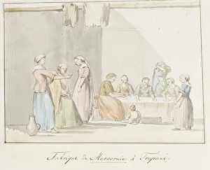 Romantic Era Watercolour Art Drucke: Preparing the Macaroni in Trapani, 1778. Creator: Louis Ducros